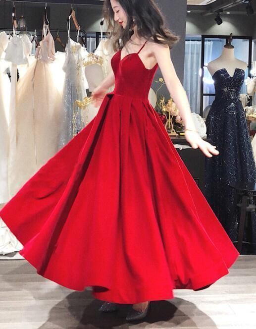 Beautiful Red Velvet Straps Long Evening Formal Dress, Red Party Dress Prom Dresses   cg16483