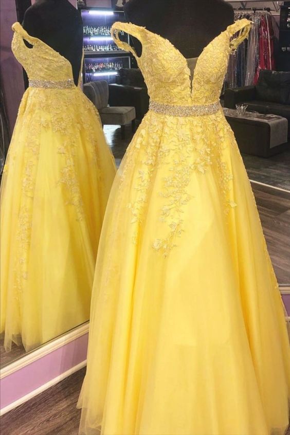 off the shoulder yellow lace appliques long prom dress 2021    cg16488