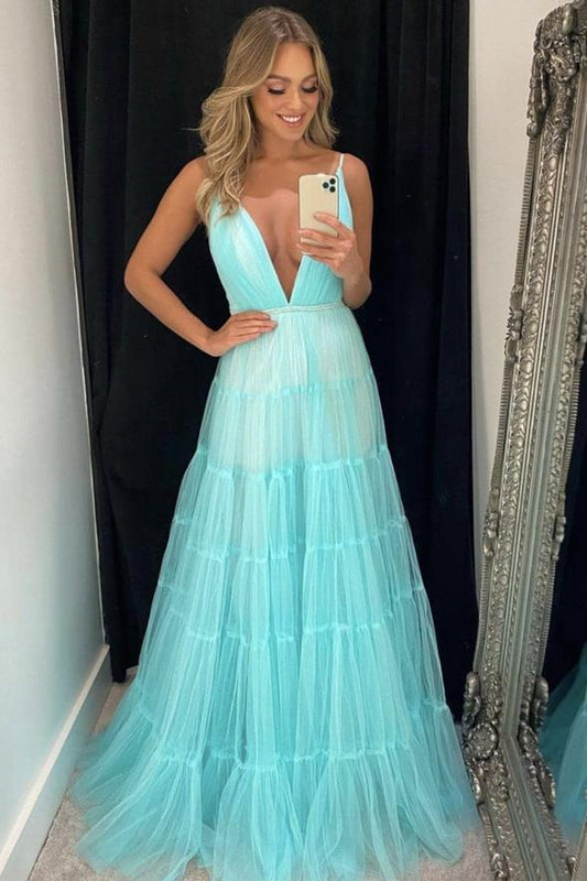 Blue v neck tulle long prom dress blue evening dress   cg16496