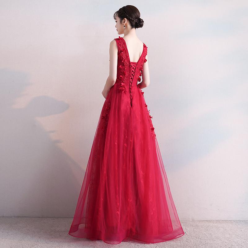 Beautiful Red V-Neckline Tulle Long Party Dress With Lace, Red Prom Dress   cg16498