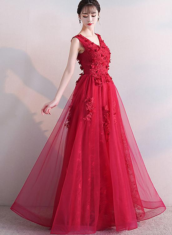 Beautiful Red V-Neckline Tulle Long Party Dress With Lace, Red Prom Dress   cg16498