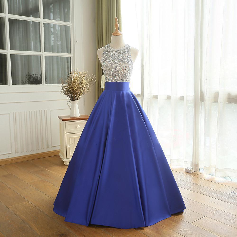 Royal Blue Satin Sequins Top Ball Gown Prom Dress, Blue PartyDress Long Formal Dress   cg16499