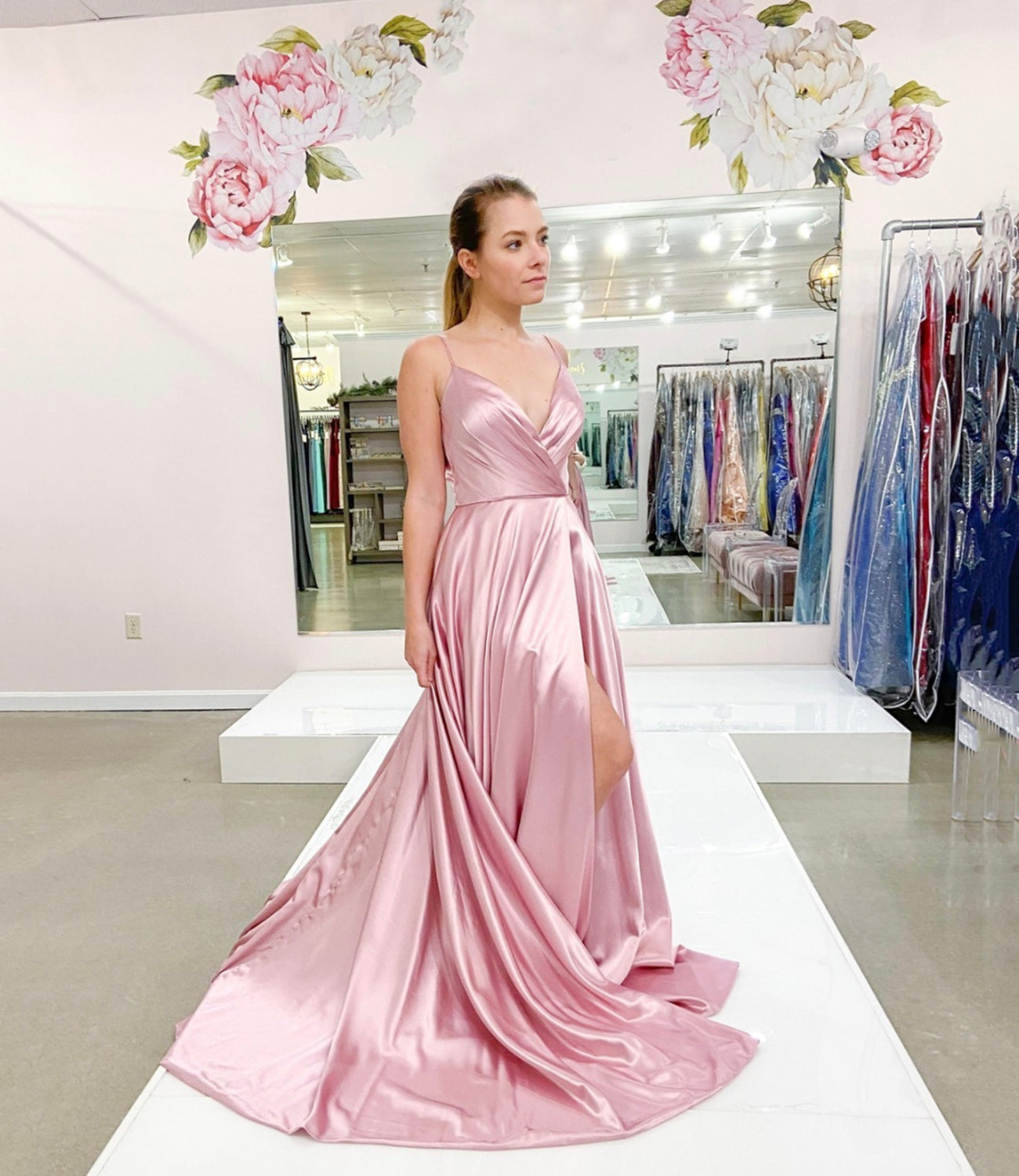 PINK SATIN LONG V NECK PROM DRESS SIMPLE EVENING DRESS   cg16505