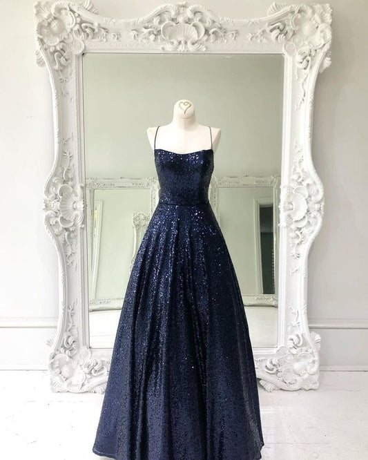 Navy Blue Sequined A-line Long prom Dress   cg16512