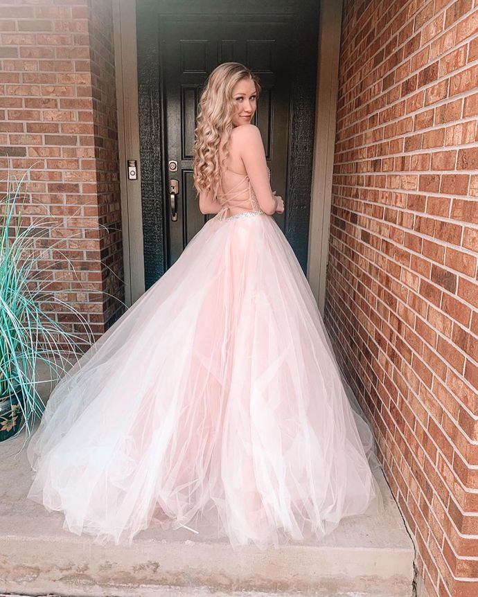 Lace Up Back Pink Tulle Long Prom Dress   cg16516