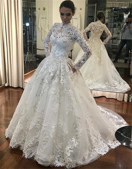 Sexy Ball Gown Appliques Lace Wedding Dress Long sleeve High Neck Embroidery Prom Dress    cg16520