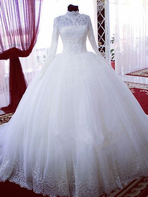 High Neck Long Sleeves Bridal Ball Gown Wedding Dresses Bridal Gowns Prom Dress    cg16525