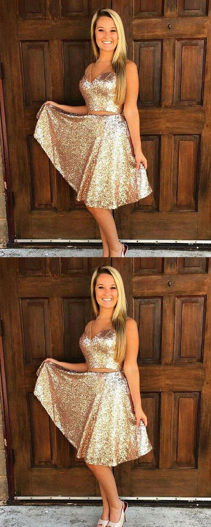 A-Line V-Neck Sleeveless Two Pieces Gold Sequined Homecoming Dresses cg1654