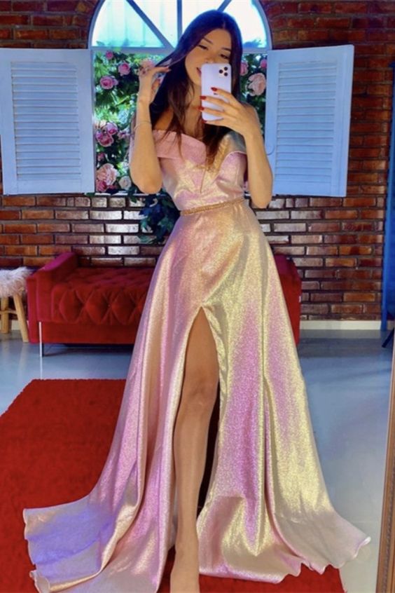 Pink Glitter Prom Dresses With Slit   cg16552