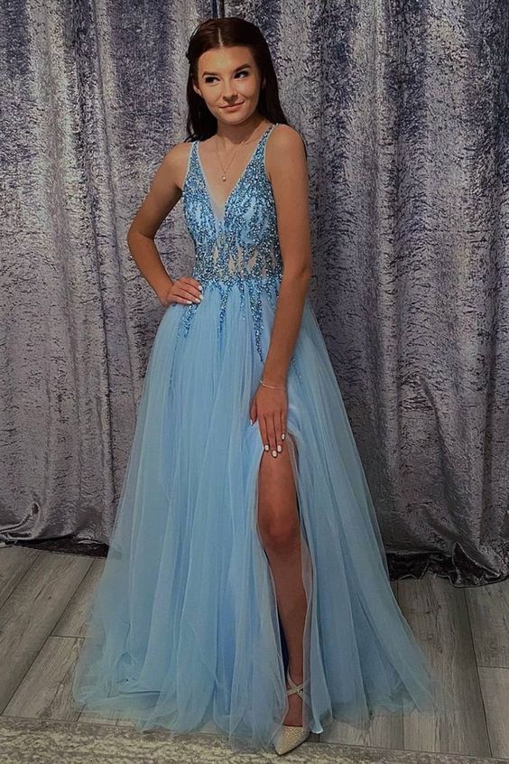 A-line blue tulle long formal dress with slit, prom dress 2021     cg16556