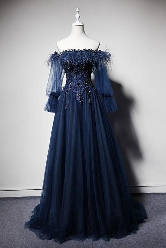 Navy Blue Tulle Lace Off Shoulder Floor Length Custom Size Prom Dress With Sleeve    cg16563
