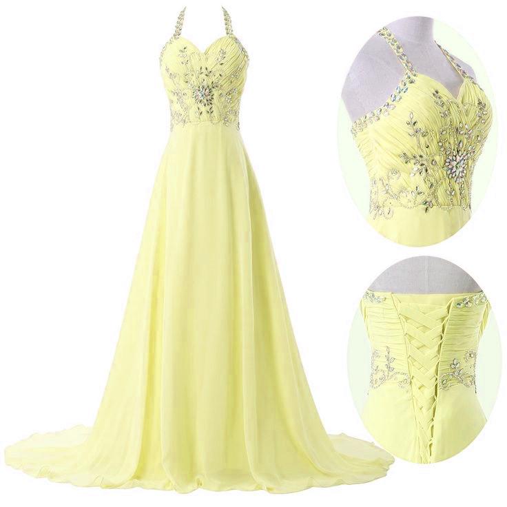 Light Yellow Chiffon Halter Beaded Long Party Dress, Chiffon Prom Dress 2021   cg16567