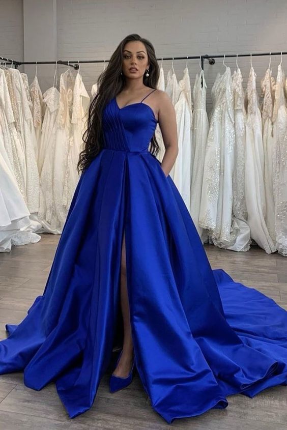 Simple blue satin long prom dress blue evening dress   cg16578