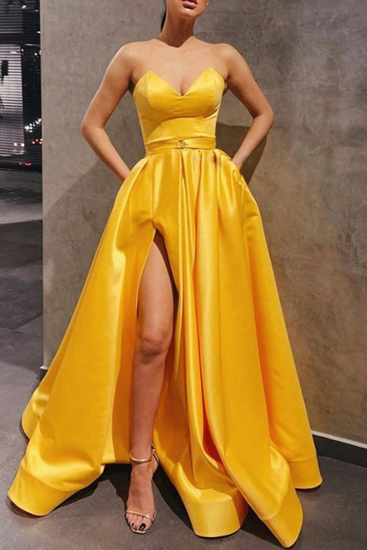 Strapless Sweetheart Neck Yellow Satin Long Prom Dress, Long Yellow Formal Graduation Evening Dress with Slit   cg16579