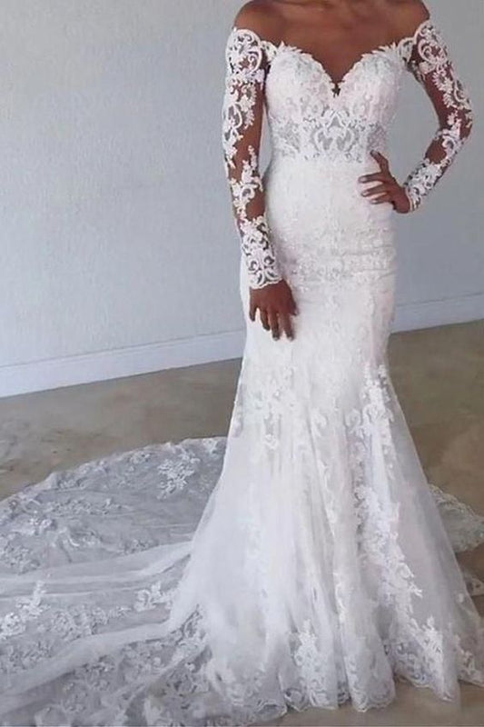 White Off the shoulder Appliques Lace Long Sleeves Wedding Dress with Train Prom Dress    cg16581