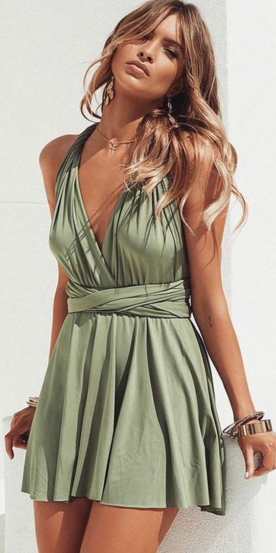 A-Line V-Neck Convertible Style Short Green Satin Homecoming Dress  cg1659