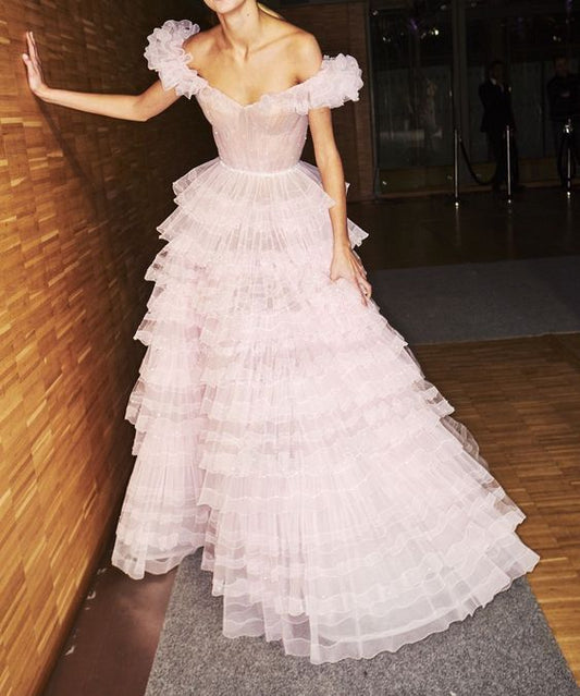 Princess A-Line Off the Shoulder Pink Tulle Prom Evening Dresses   cg16597