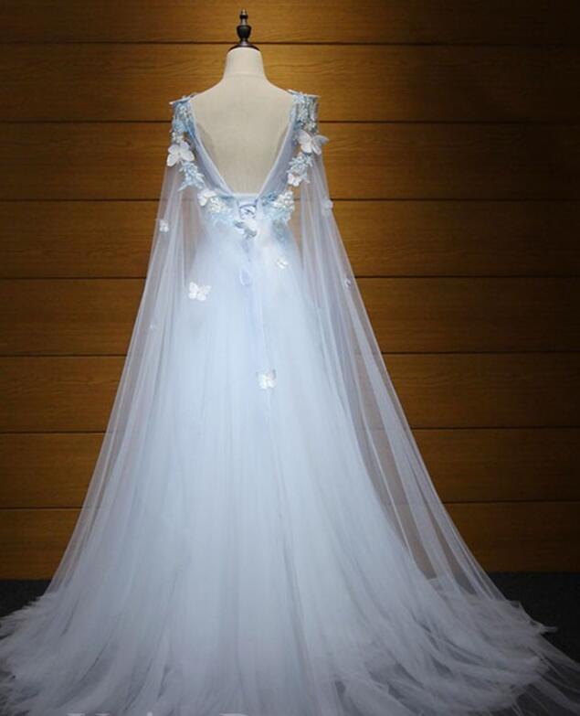 Light Blue Princess V Neck Low Back Tulle Prom Dress, Blue Evening Dress Party Dress   cg16640