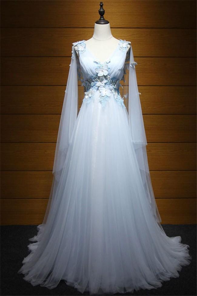 Light Blue Princess V Neck Low Back Tulle Prom Dress, Blue Evening Dress Party Dress   cg16640