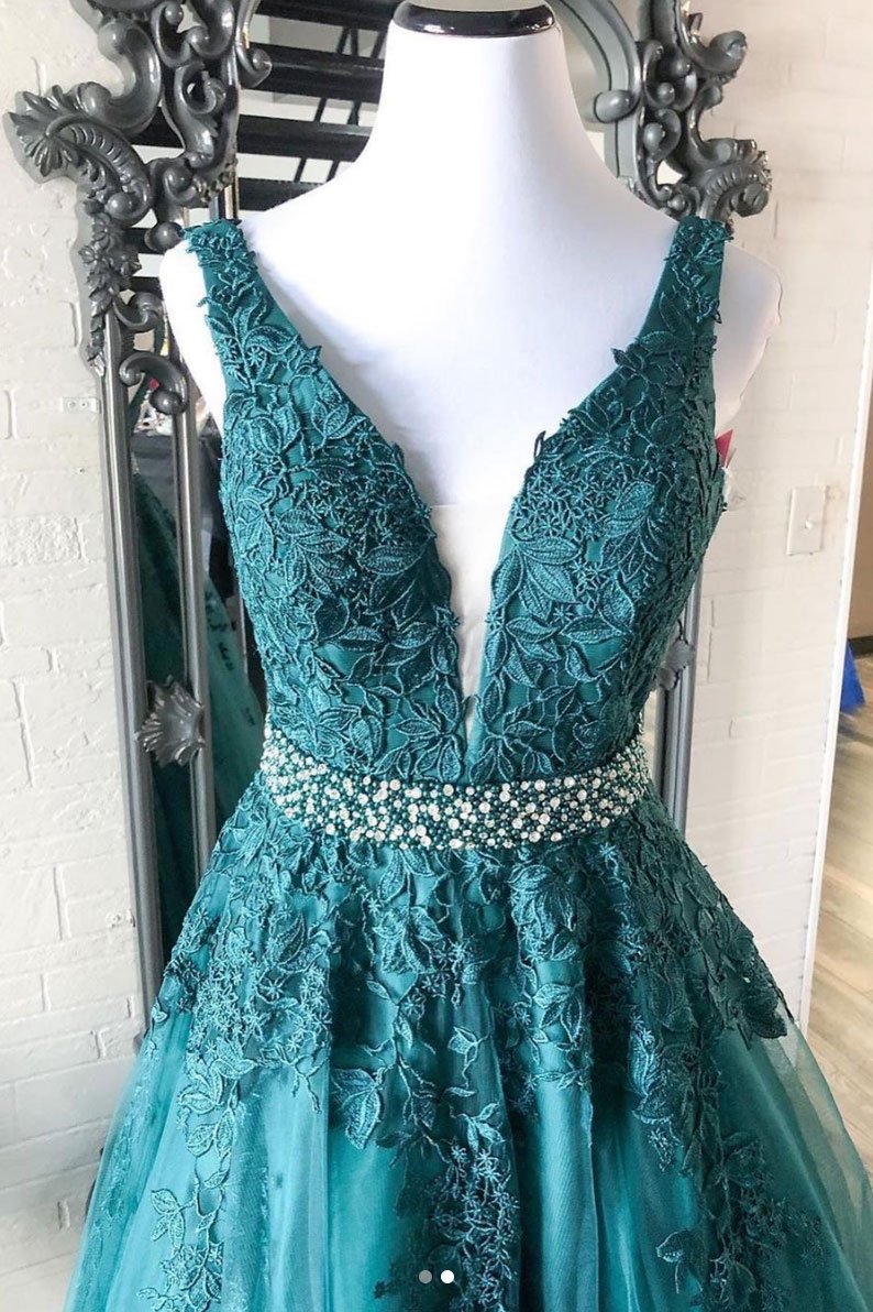 Green v neck tulle lace long prom dress, green formal dress   cg16643