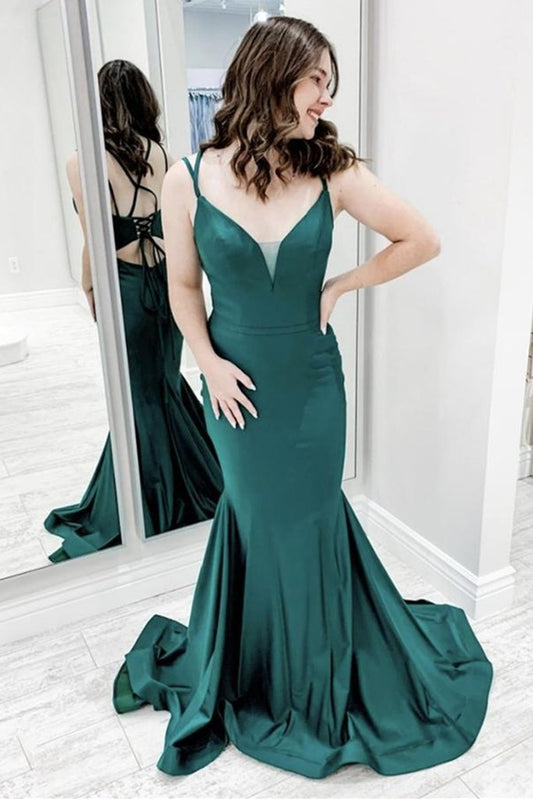 Mermaid V Neck Green Satin Long Prom Dress   cg16649
