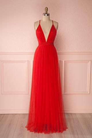 red A Line Tulle Prom Dress,Long Evening Dress,Spaghetti Strap Formal Dresses   cg16654