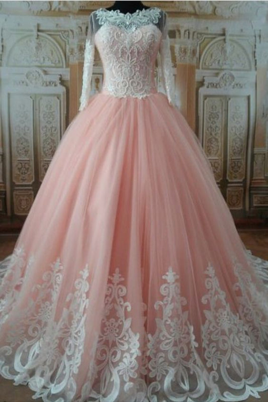 Blush Wedding Dresses Ball Gown Ivory Lace Long Sleeves prom dress cg16661
