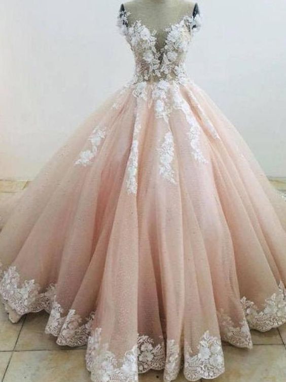 Pretty pastel pink lace applique wedding dress chapel train prom dress cg16662