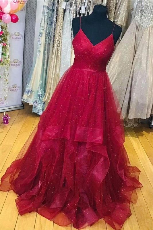 wine red shiny tulle long prom dress birthday dress, prom dress 2021   cg16677