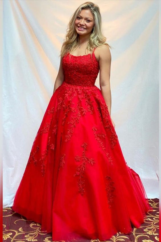 2021 A-line lace appliqued tulle long prom dress ball gown    cg16680