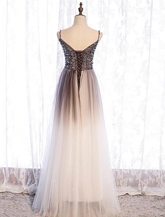 long prom dress Gradient Tulle Beaded Long Party Dress, A-Line Tulle Straps Formal Dress   cg16699