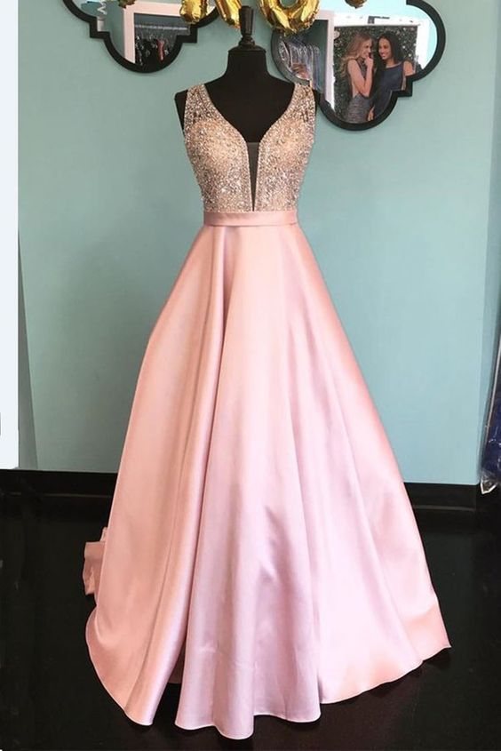 Shinning pink satin V neck long senior prom dress, long open back evening dress    cg16707