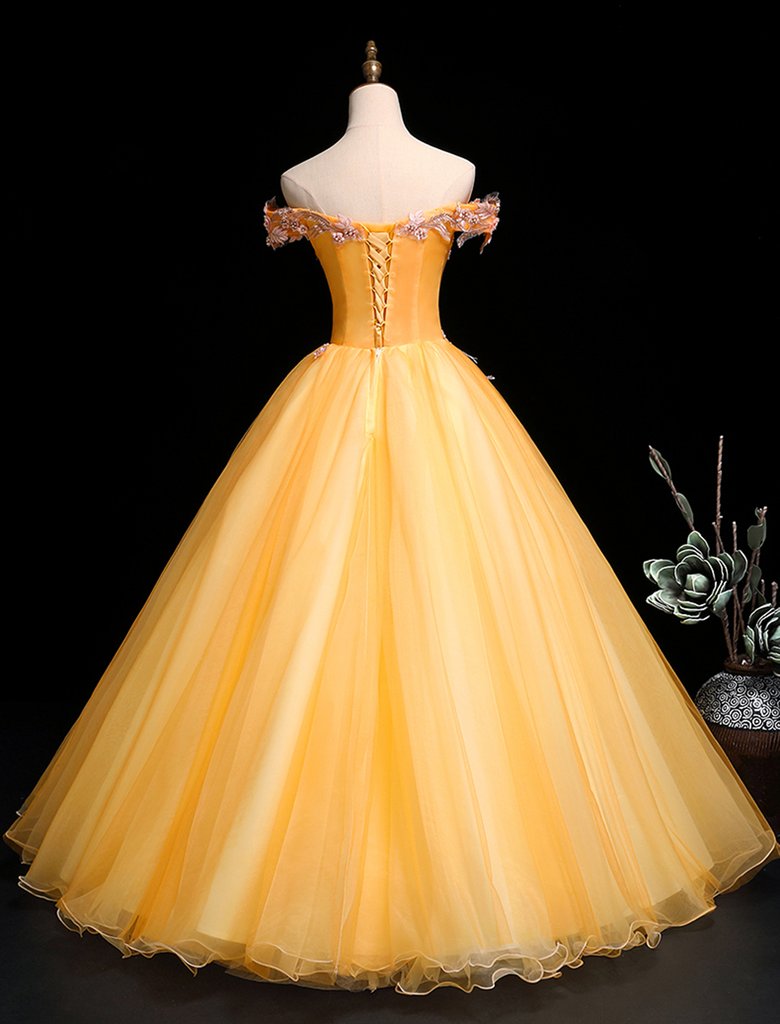 Yellow Tulle Off Shoulder Long Custom Size Senior Prom Dress, Evening Dress   cg16709