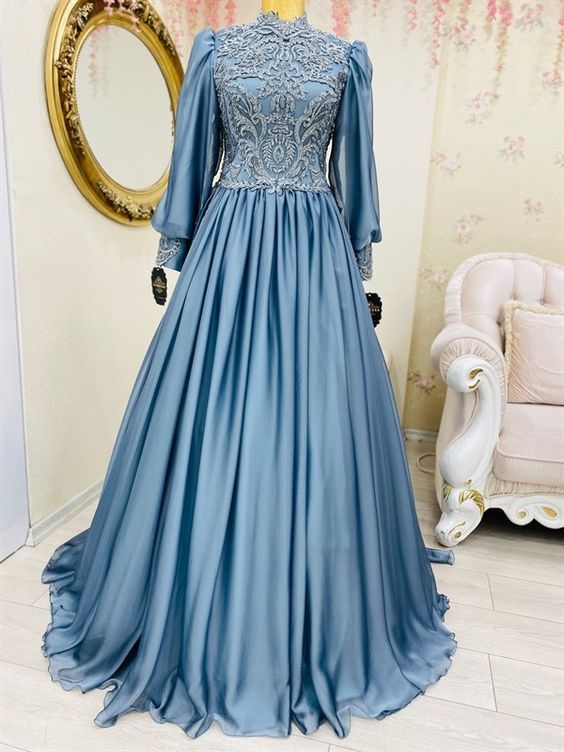 Light Blue Muslim Prom Dress Crystals High Neck Long Puffy Sleeve Saudi Arabic Evening Formal Party Gowns 2021   cg16713