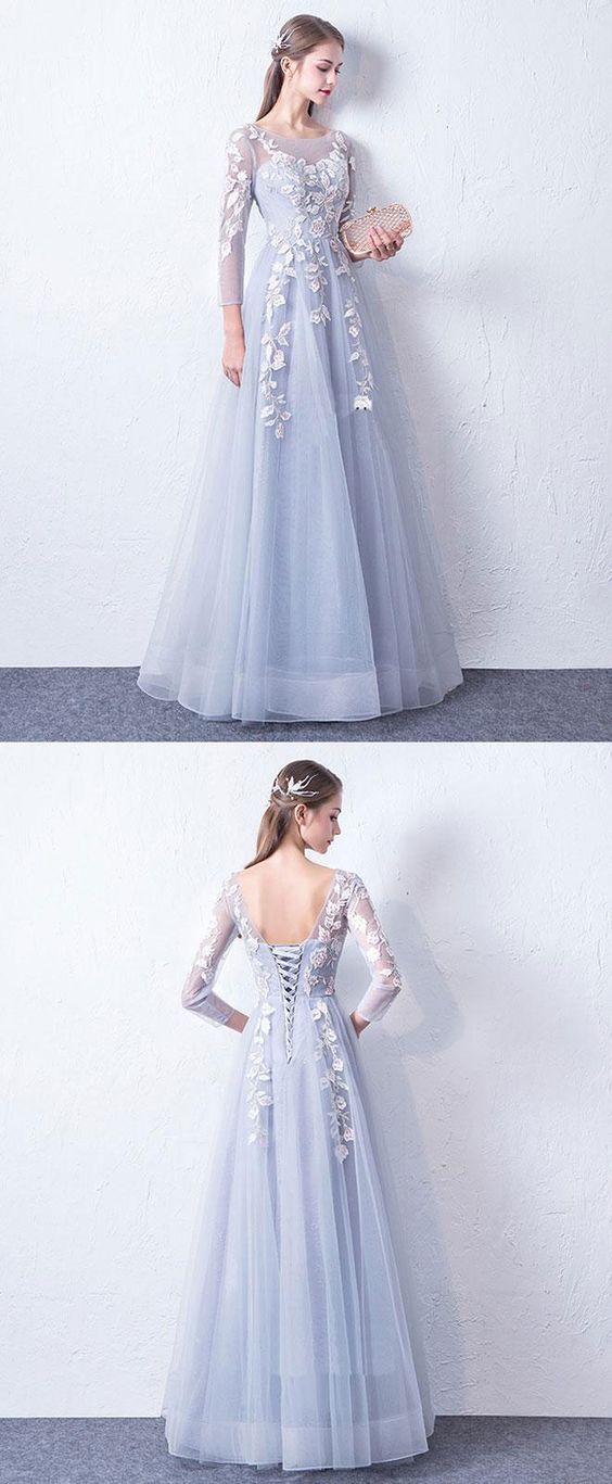 Gray blue cute round neck lace applique tulle long prom dress, evneing dress   cg16715