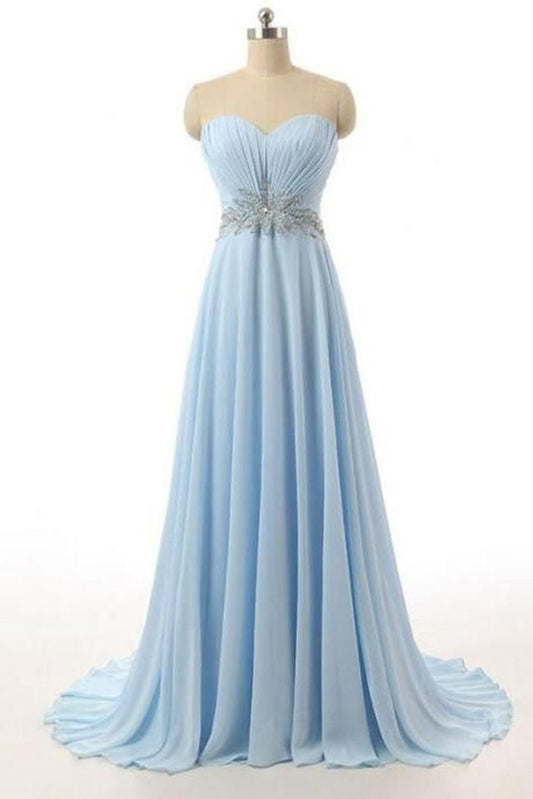 Light blue chiffon sweetheart sequins A-line simple long prom dresses for teens    cg16717