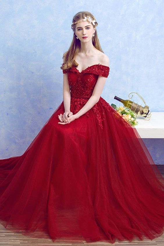 Princess off the shoulder red lace appliqued long formal dress prom dress   cg16731