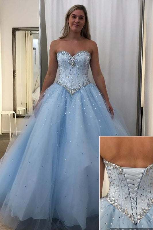 sweetheart baby blue tulle long ball gown wirth lace up back and sequins prom dress   cg16733