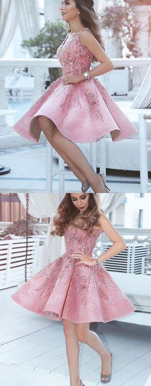 Pink v neck short dress with beading Homecoming Dress    cg16742