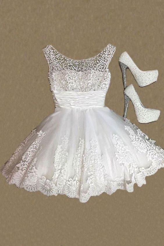 White Round Neck Lace Short Dress, Cute Homecoming Dress cg1675