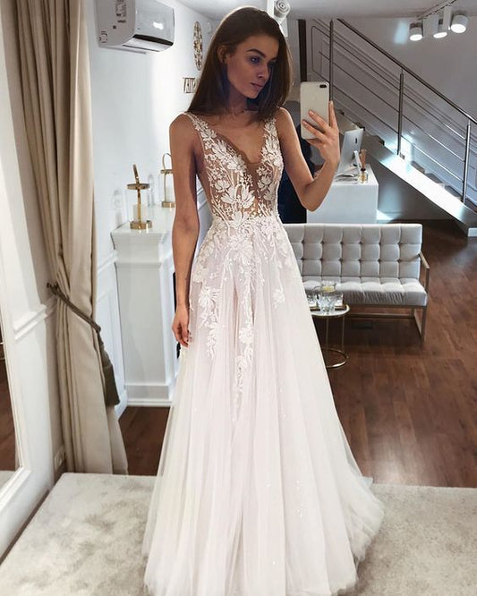 A-line V Neck Lace Prom Dress    cg16754