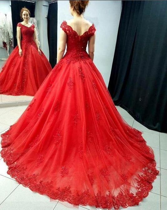 Off The Shoulder Ball Gown Red Lace Prom Dresses   cg16757