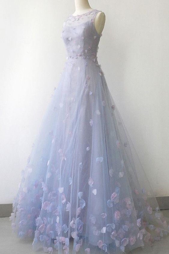 Simple Blue Gray Tulle 3D Lace Applique Long A Line Prom Dress, Halter Evening Dress   cg16765