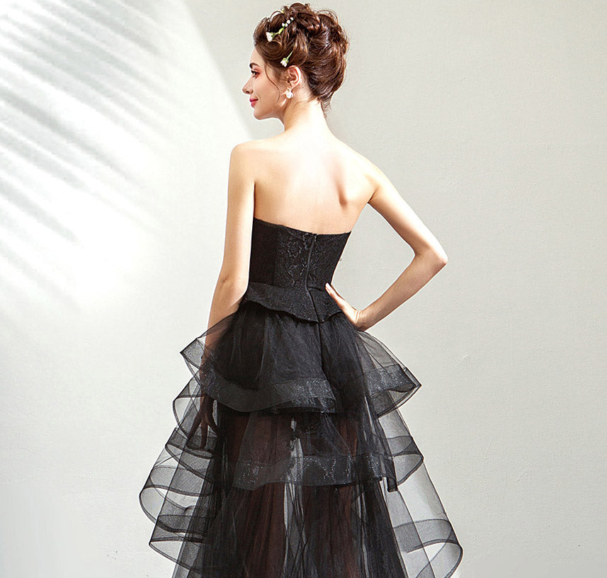 Asymmetrical Strapless Ruffled Black Prom Dress    cg16787