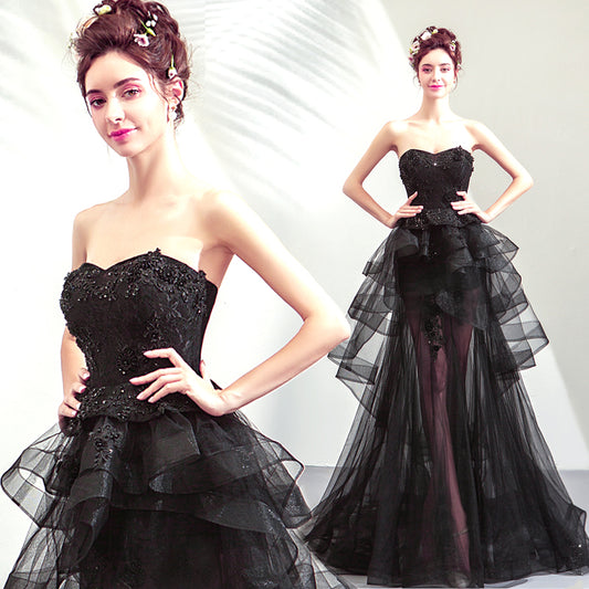 Asymmetrical Strapless Ruffled Black Prom Dress    cg16787