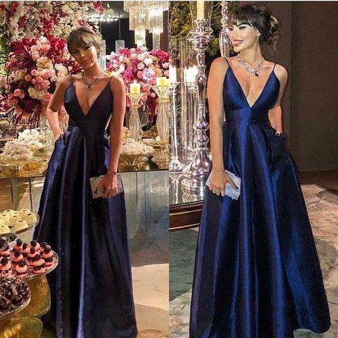 Elegant Evening prom Dresses Navy Blue Long Strap V Neck Flared Skirt With Pockets   cg16796