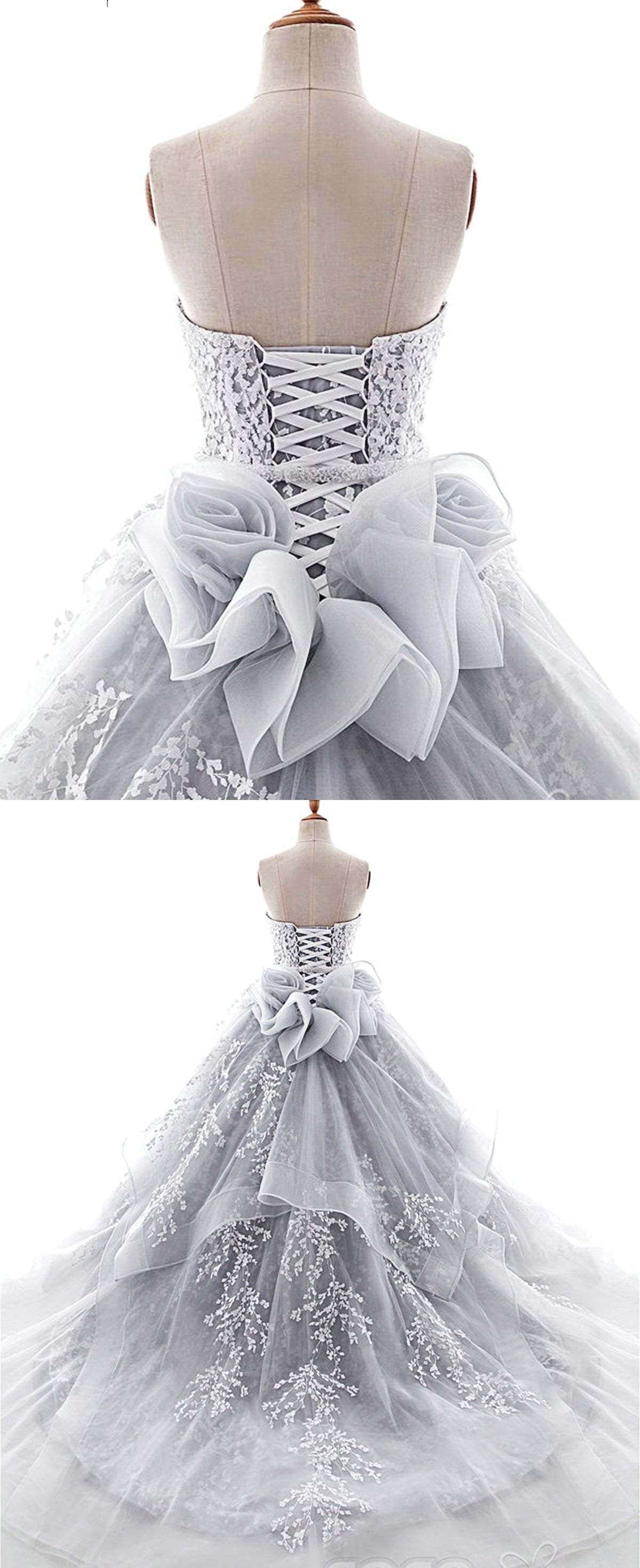 Sweetheart Neck Gray Organza Lace Applique Long Formal Prom Dress, Evening Dress   cg16799
