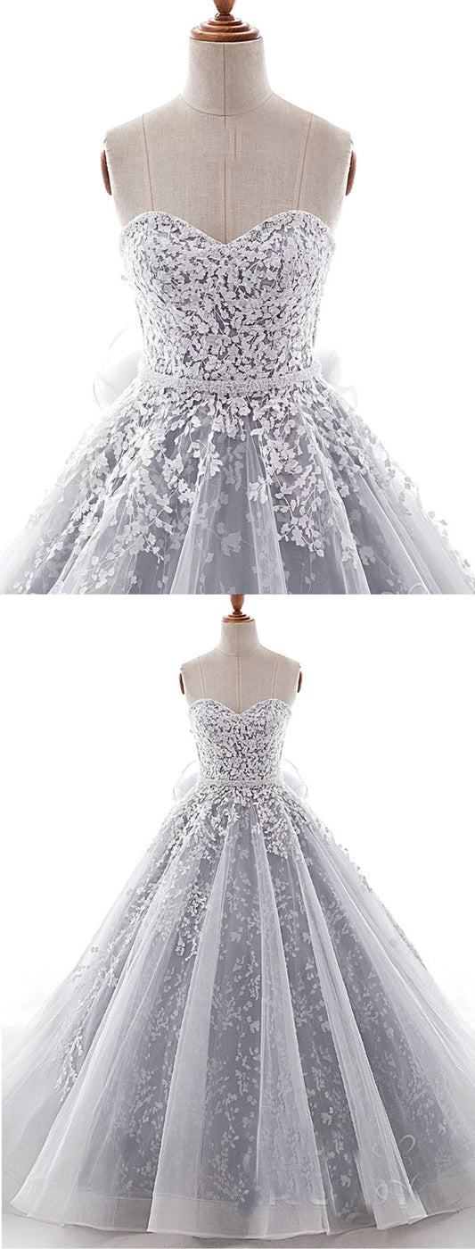 Sweetheart Neck Gray Organza Lace Applique Long Formal Prom Dress, Evening Dress   cg16799