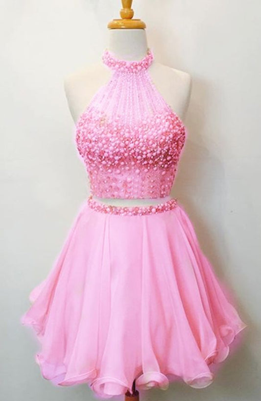 Two Piece Homecoming Dress,Beaded Party Dress,Pink Homecoming Gown cg1680