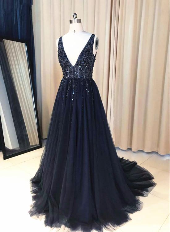 Navy Blue V-Neckline Beaded Long Prom Dress, Chic Tulle Sparkle Formal Dress Party Dress   cg16805